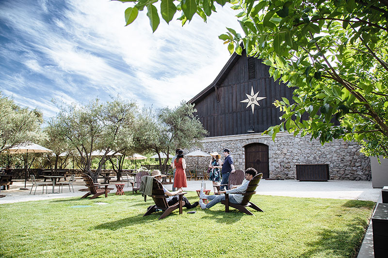 People sitting in large chairs on a green lawn with a barn with a star on it in the background